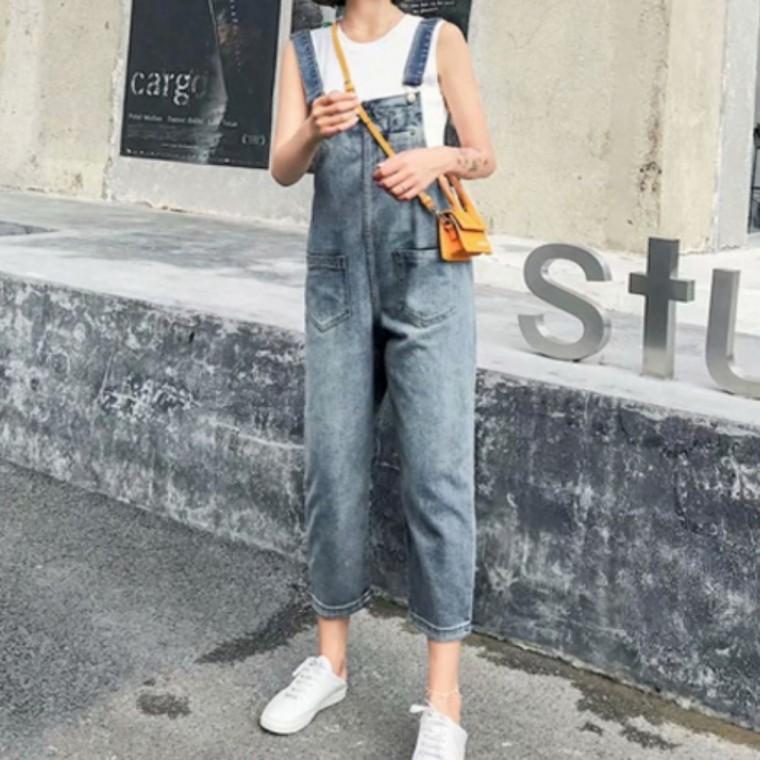청 오버롤 멜빵바지 점프수트 데님 9부 크롭 여성