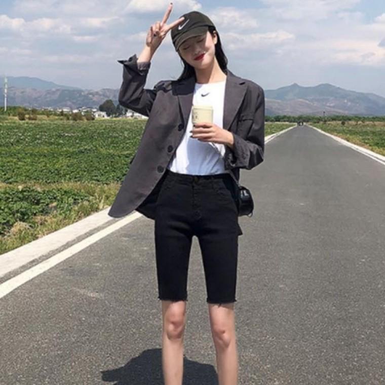 하이웨스트 반바지 반바지 여자 블랙 스판 슬림핏