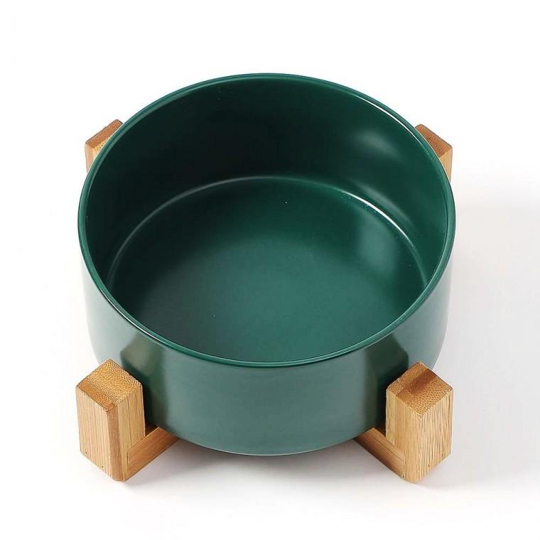 반려동물 도자기식기 16cm 애견 대나무 우드받침 높은