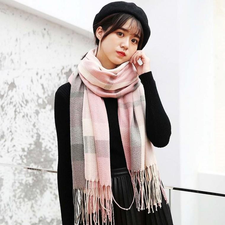 체크머플러 핑크그레이 방한 넥워머 성인 스키장