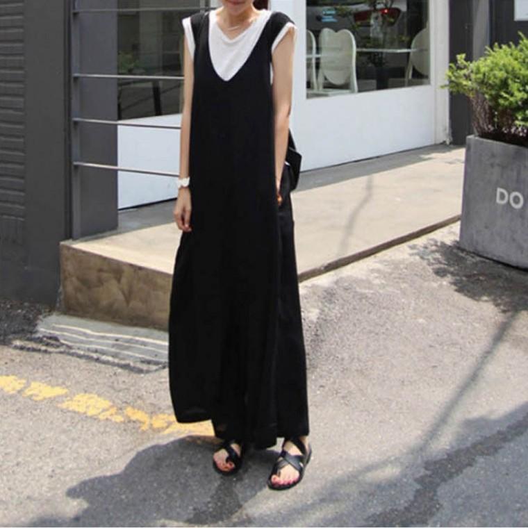 편한 브이넥 민소매 레이어드 점프수트 여자 루즈핏