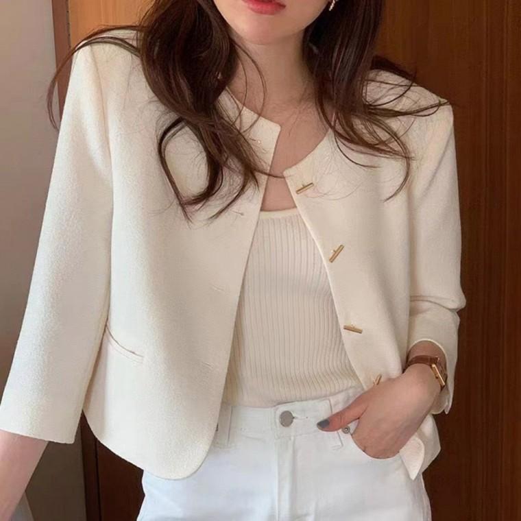 숏 가을 단정한 9부 자켓 봄 라운드넥 노카라 하객룩
