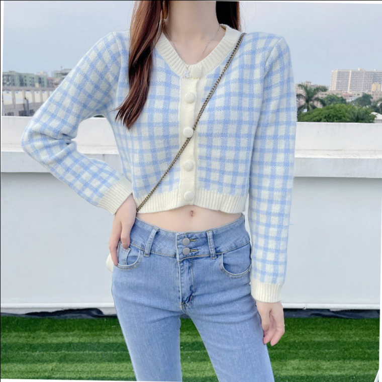 컬러 니트 체크 크롭 가디건 가을