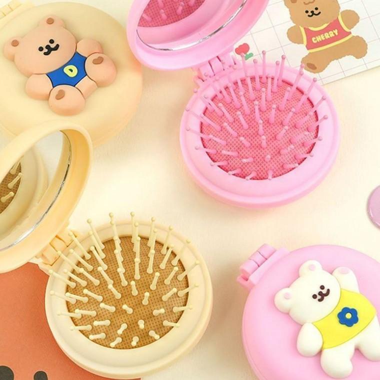 휴대용 곰돌이 일체형 거울빗 브러쉬 귀여운 4P 거울