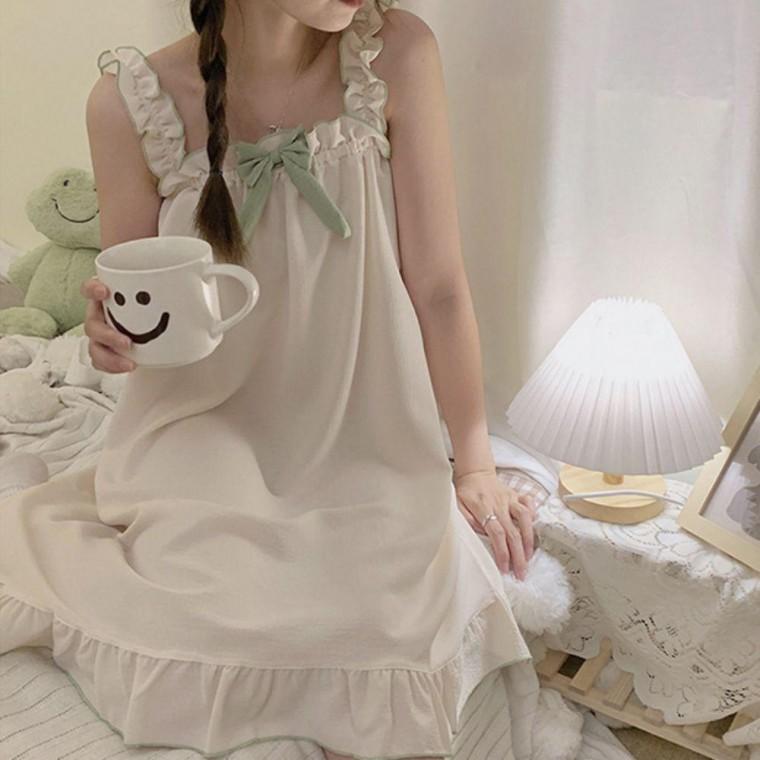 2컬러 여자 리본 포인트 프릴 원피스 잠옷 홈웨어