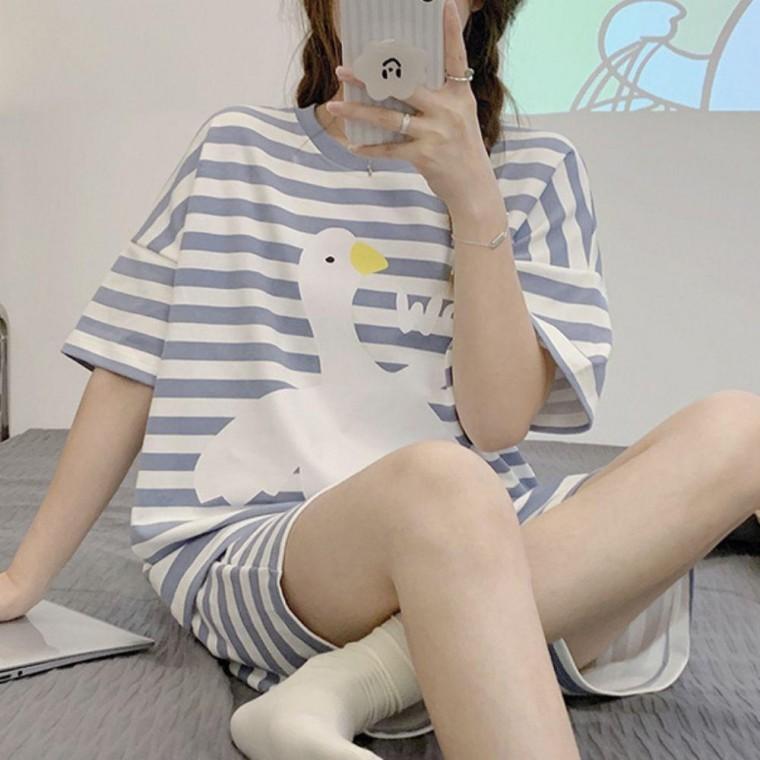 4컬러 여자 편한 홈웨어 잠옷 캐릭터 스트라이프 세트