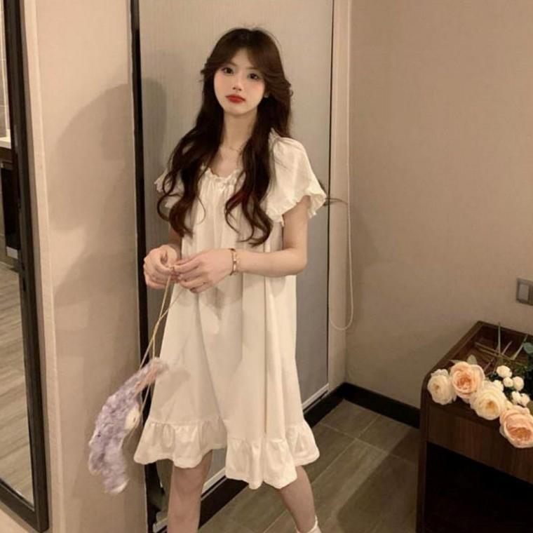 화이트 여자 편안한 러블리 반팔 홈웨어 파자마원피스