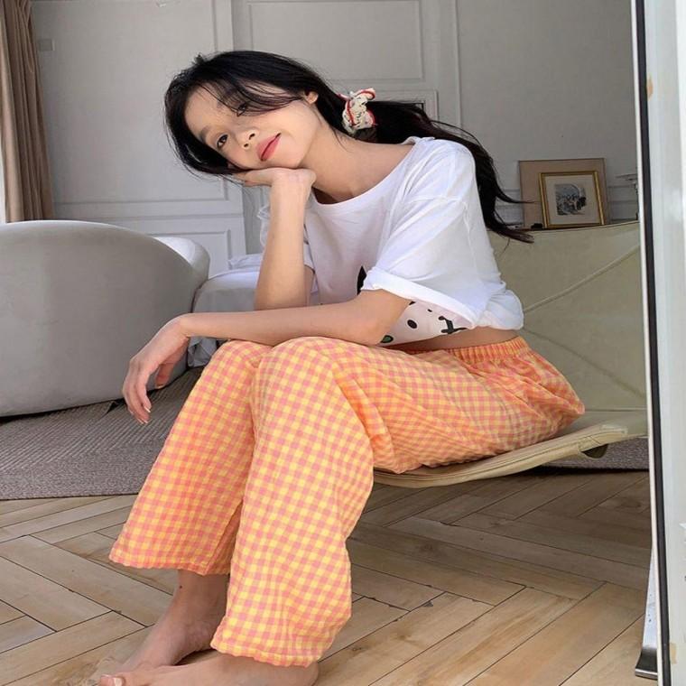3컬러 여자 사계절 심플 와이드 체크 잠옷바지 홈웨어