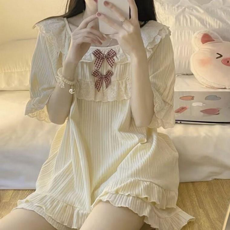 러블리 여자 프릴 리본 레이스 여름 잠옷 편한 홈웨어