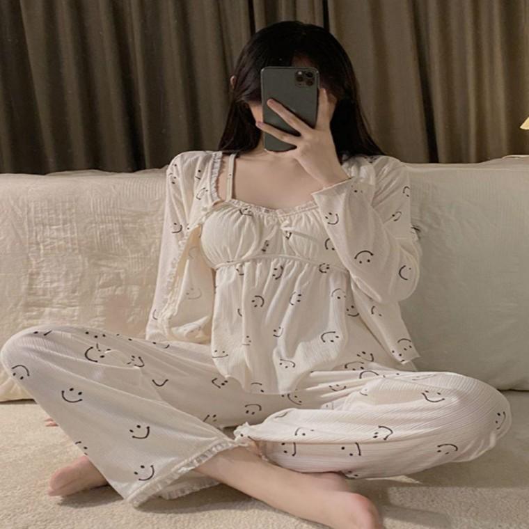귀여운 여자 스마일 레이스 쓰리피스 홈웨어 잠옷세트