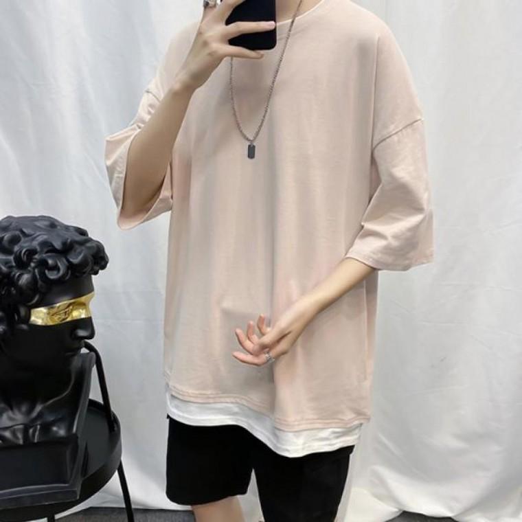 레이어드 무지티 5부 남자 반팔티