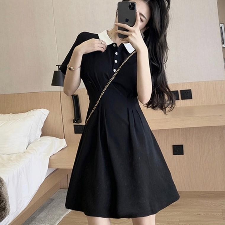 반팔원피스 카라배색 예쁜핏 허리핀턱 미니 하트단추