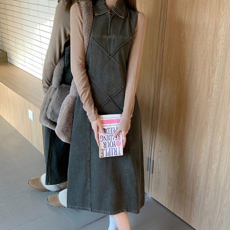 워싱 여자 민소매 원피스 카라 레이어드 데님 롱