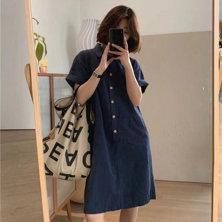 여성 원피스 카라 단추 루즈핏 코튼 무지 반팔 린넨