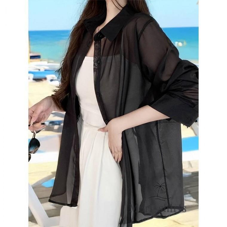모리셔츠 시스루 블랙 카라 기본 셔츠 빅사이즈 심플 블라우스 긴팔 비키니 커버업 남방 살안타템 비치웨어