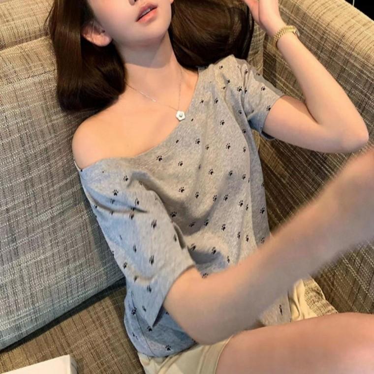 어깨트임 여름 반팔티셔츠 한쪽 여성 언발 티셔츠