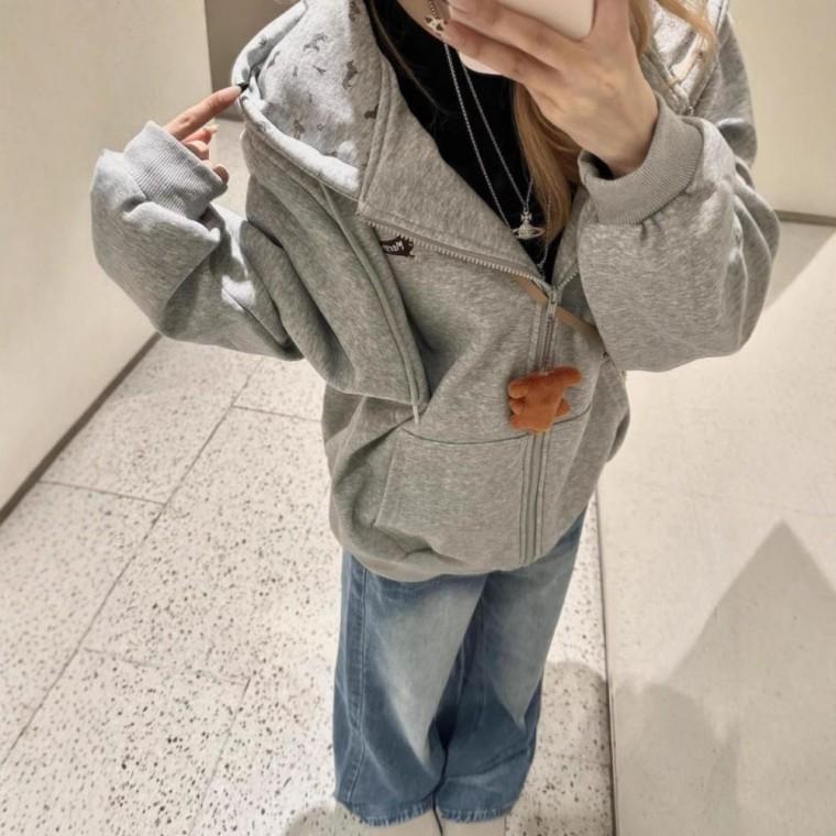 포인트 루즈핏 아우터 자수 여성 회색 후드집업