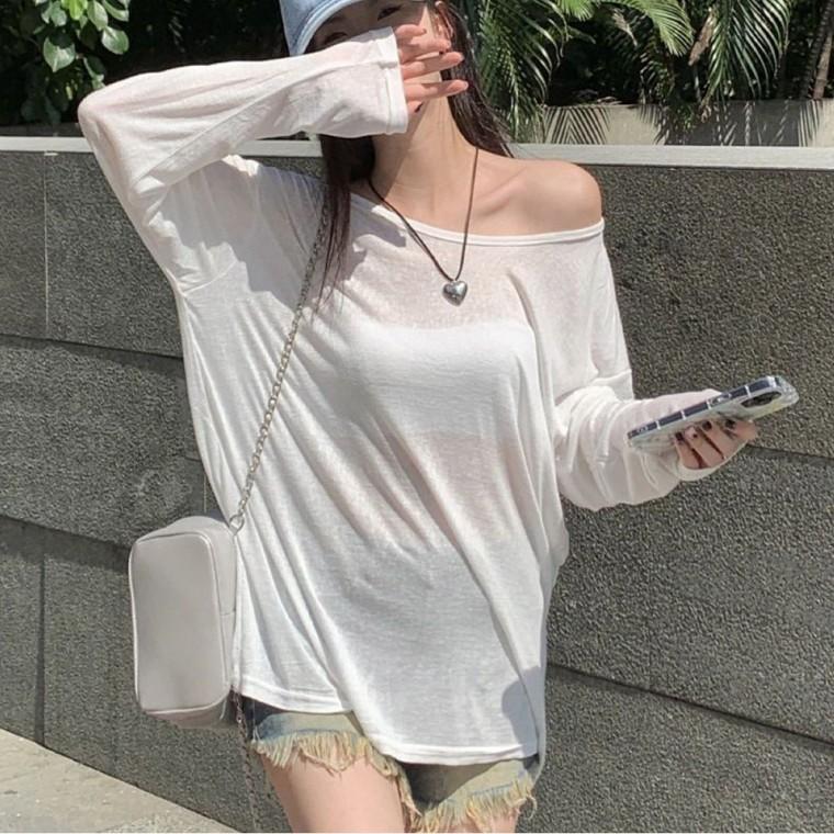 루즈핏 시스루티 오프숄더 여자 티셔 커버업 여름긴팔