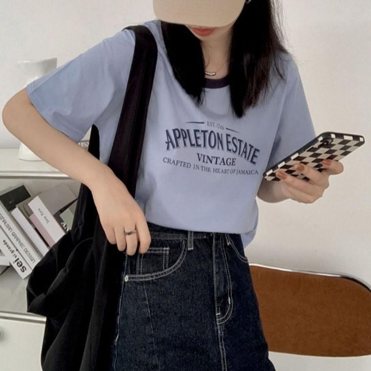 반팔티 세미크롭 배색 여름 라운드넥 티 여성 레터링