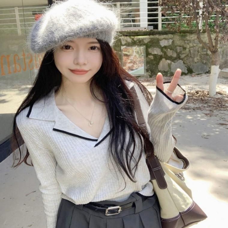 카라 V넥 여리여리핏 긴팔 티셔츠 골지 여자 니트