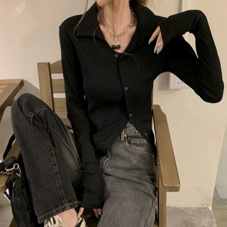 가디건 카라 언발 날씬 버튼 골지 여성 니트 슬림핏