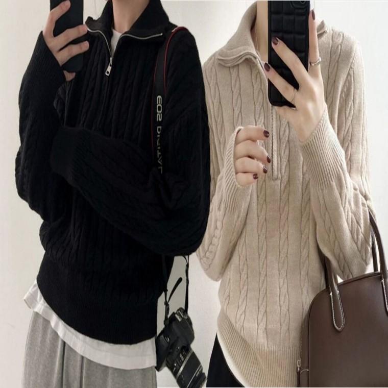 꽈배기 하프 집업 목폴라 여자 카라 상의 니트 하이넥