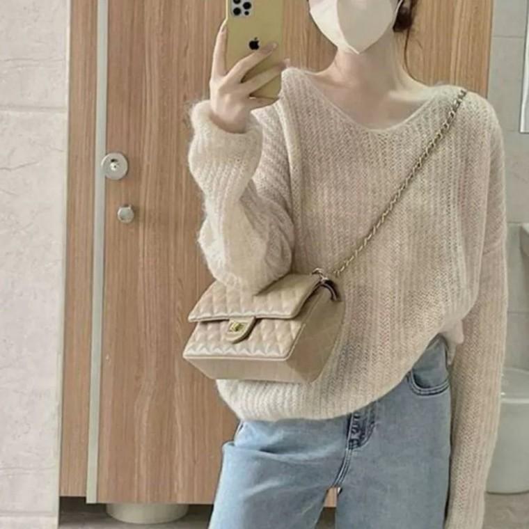청순 니트 플레인 브이넥 긴팔 짜임 여성 루즈한