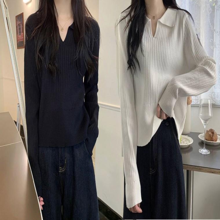 여자 상의 니트 골지 카라 깔끔한 니트 긴팔 티셔츠