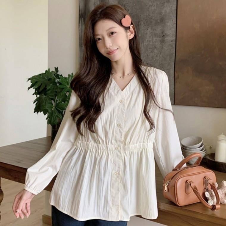 여성 여름 밴딩 브이넥 블라우스 데일리룩