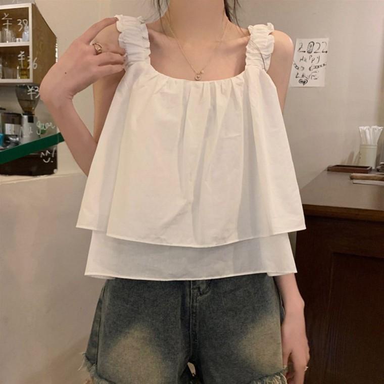 세미 여성 크롭 나시 청순 블라우스 프릴 민소매