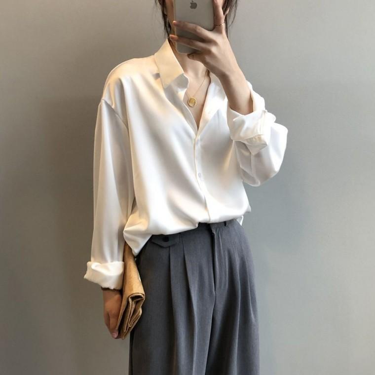 블라우스 샤이닝 광택 새틴 세련된 여성 셔츠 카라