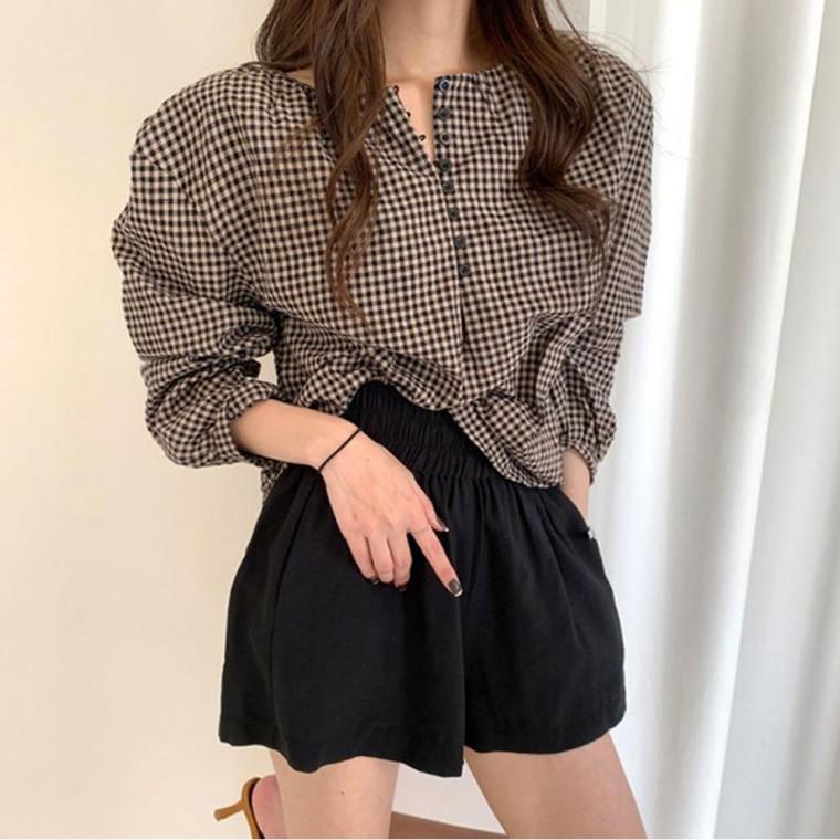 잔체크 퍼프 블라우스 소매 여자 단추 셔츠 벌룬