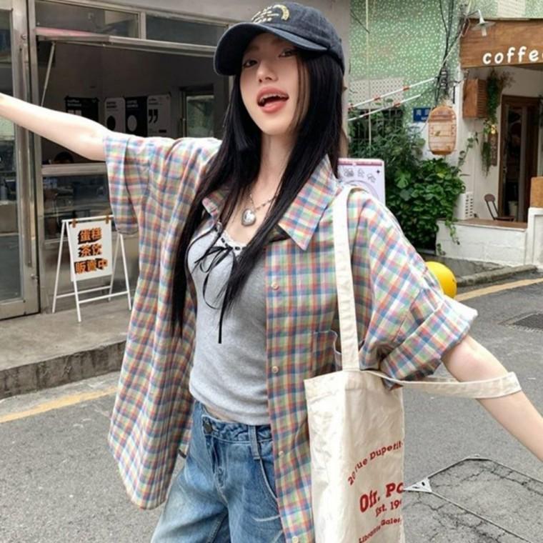 체크 반팔 캐주얼 포켓 셔츠 남녀공용 셔츠