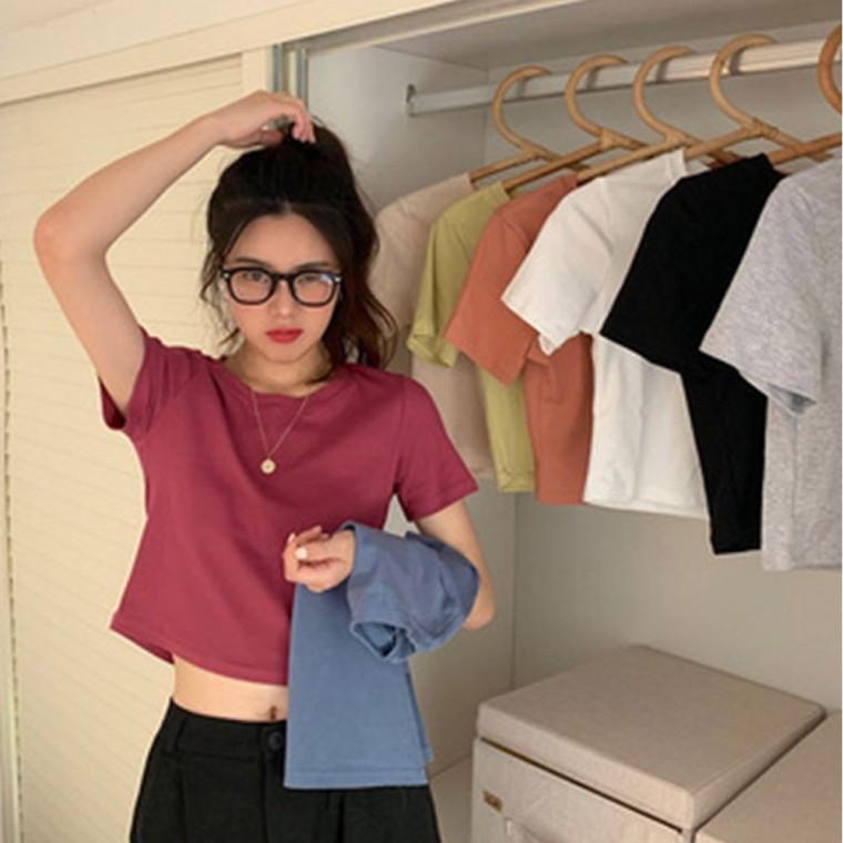 크롭 반팔 여름 티셔츠 심플 무지 여성 컬러 라운드넥