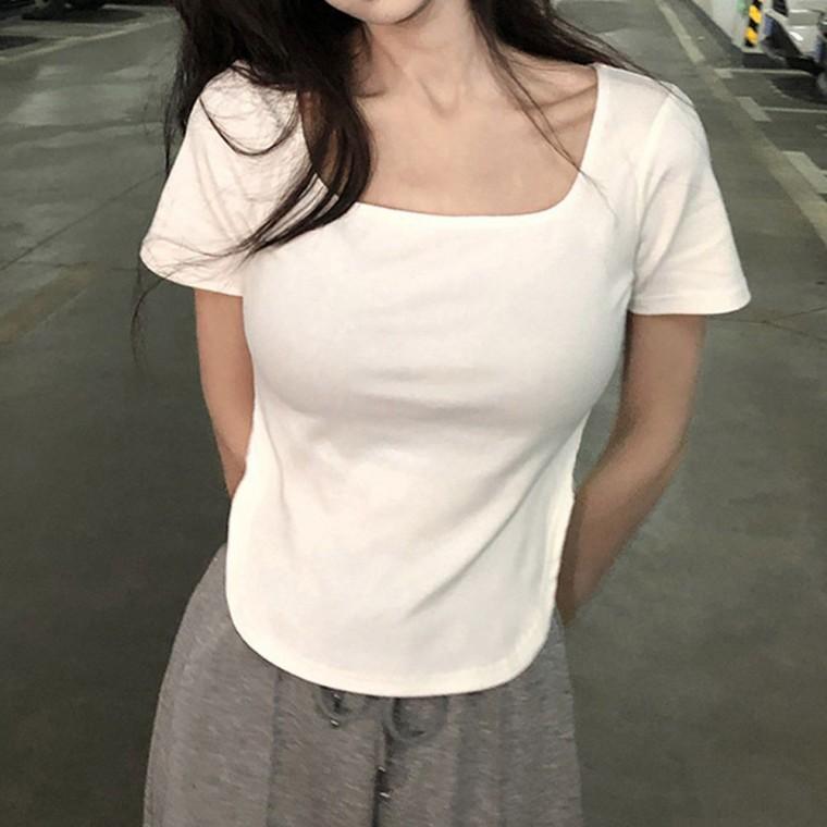 반팔 옆트임 무지 티셔츠 여자 포인트 스퀘어넥
