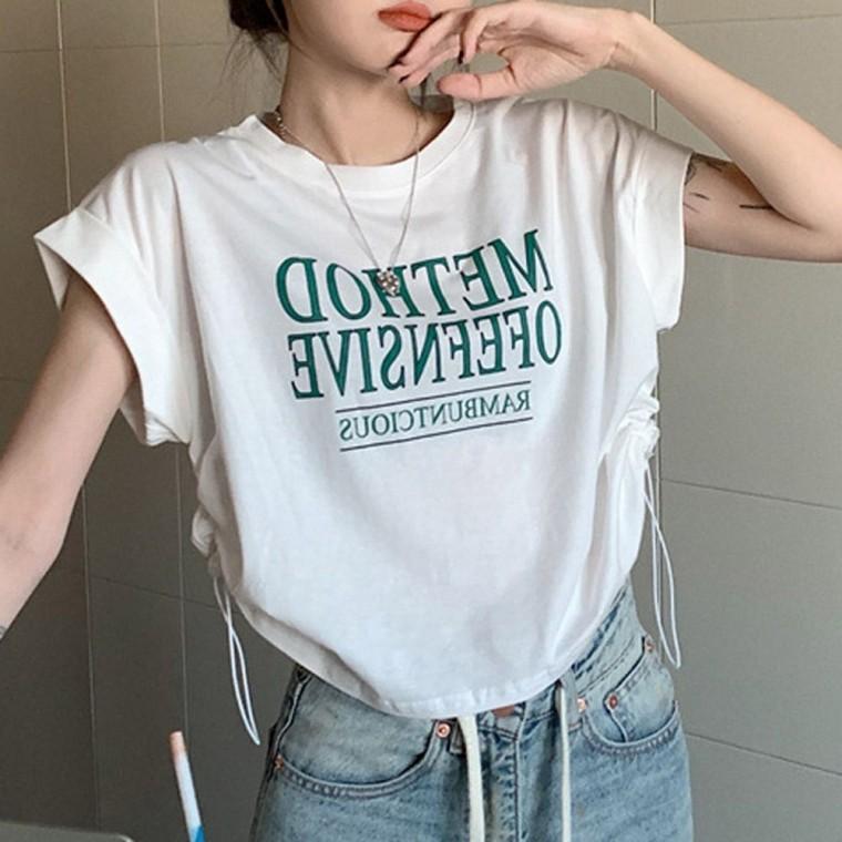 스트링 티셔츠 여자 민소매 옆 셔링 롤업 여름 반팔