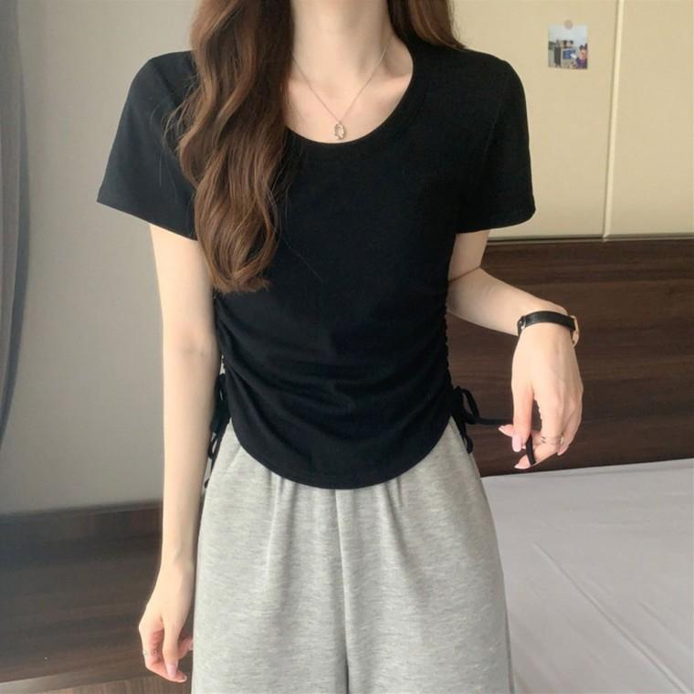 반팔 여성 무지 셔링 티셔츠 슬림핏 스트링 라운드넥