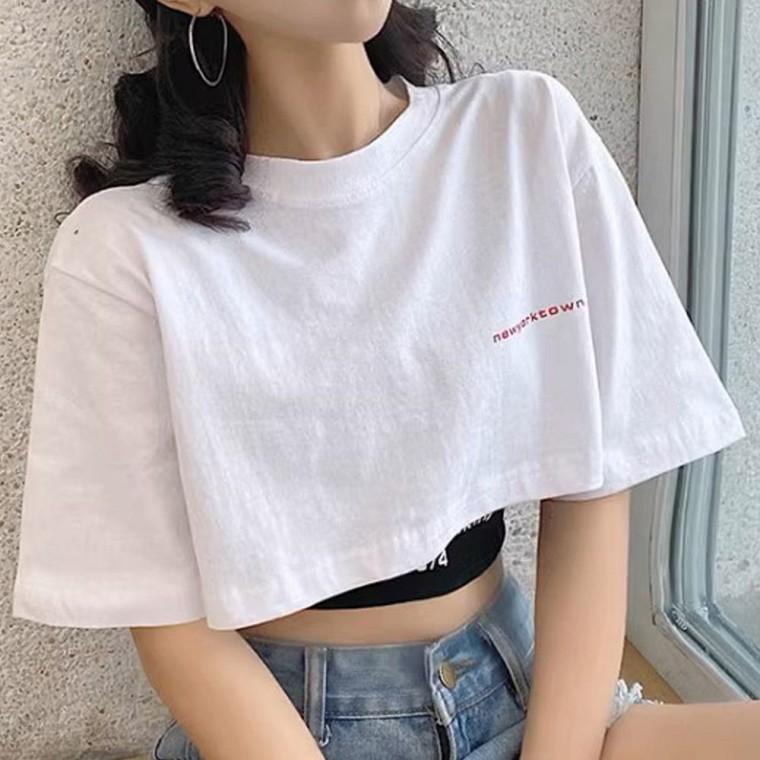 루즈핏 라운드넥 배꼽티 크롭 반팔 티셔츠 여성