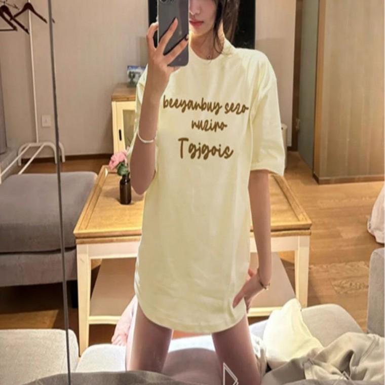레터링 라운드넥 여름 루즈핏 여자 티셔츠 5부 반팔