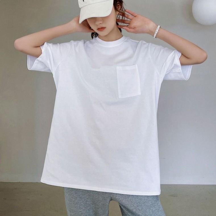 베이직 루즈핏 라운드넥 포켓 무지 여성 반팔 티셔츠