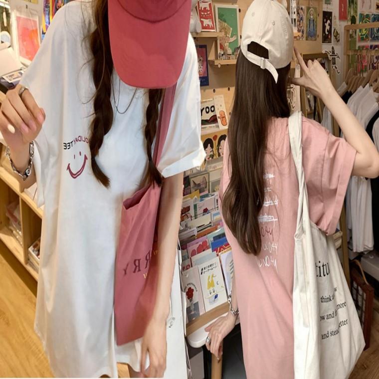 여성 반팔 오버핏 라운드넥 박스티 티셔츠 스마일