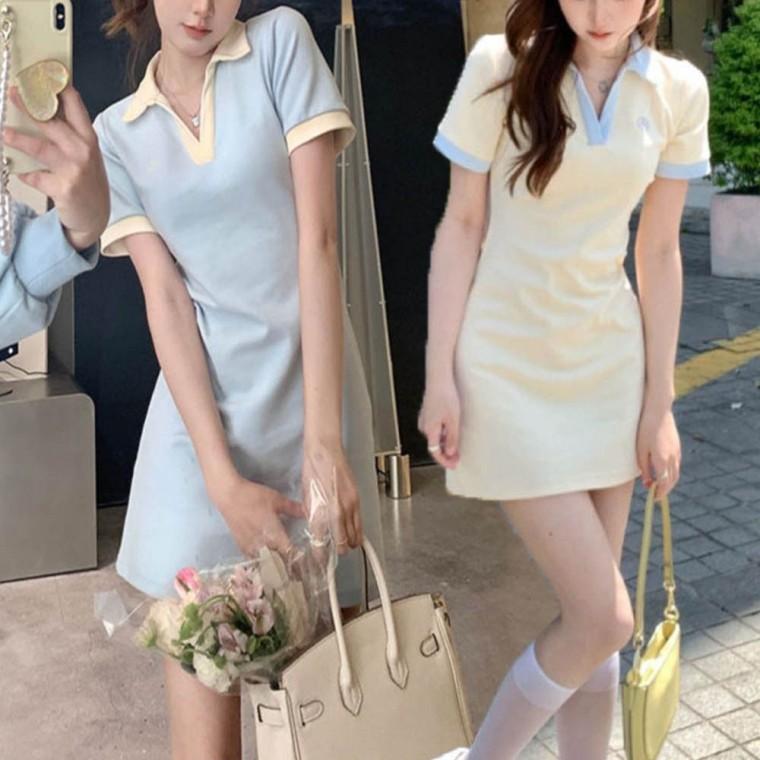 배색카라 데일리 반팔 꾸안꾸 미니원피스 여름 2컬러