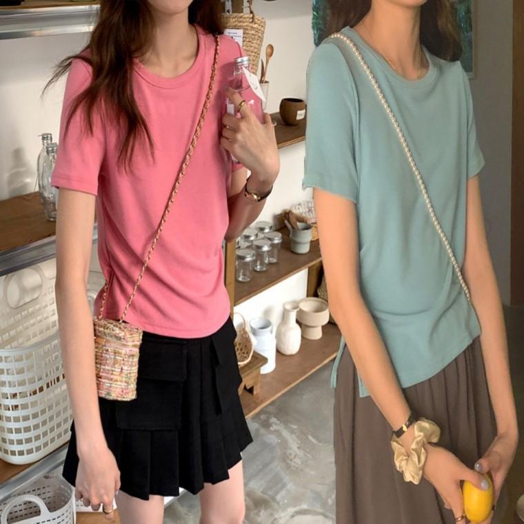 옆셔링 라운드넥 여성 티셔츠 반팔 스판 여름 트임