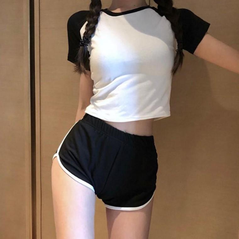 배색 슬림핏 나그랑 배꼽티 반팔티 여자 여름 크롭