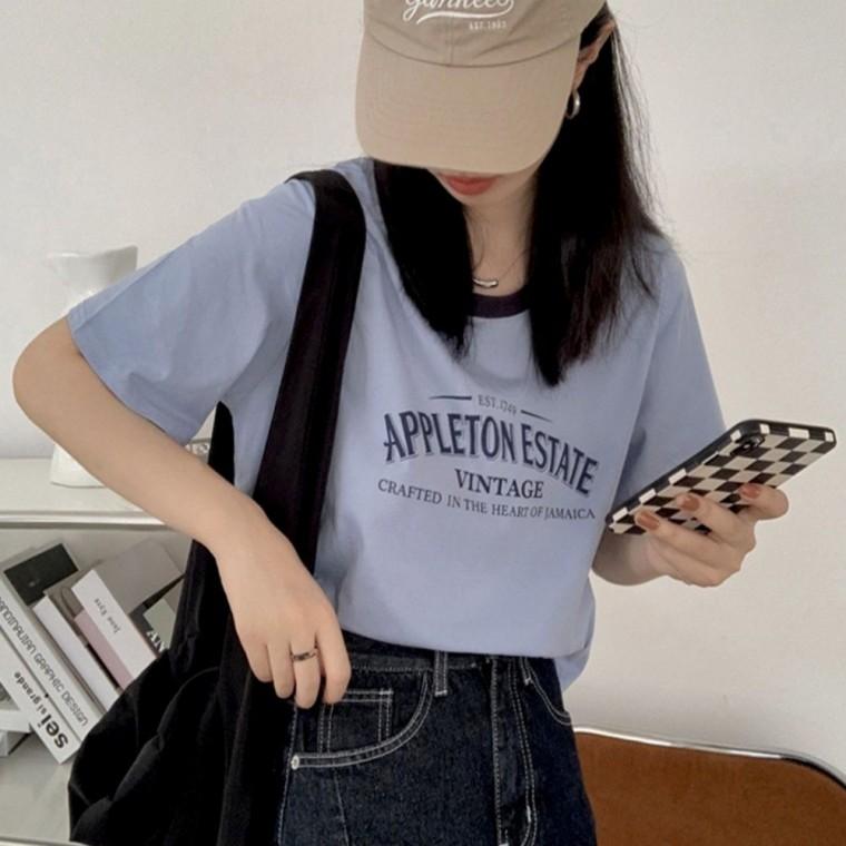 여성 티셔츠 루즈핏 세미크롭 라운드넥 면 반팔 배색