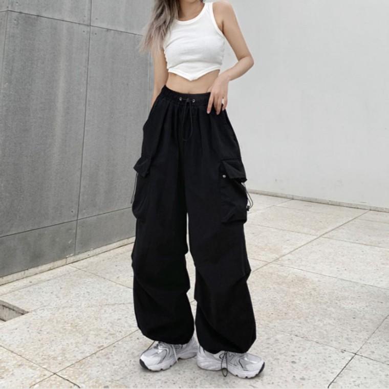 카고바지 조거팬츠 여성 벌룬핏 스트링 와이드 나일론