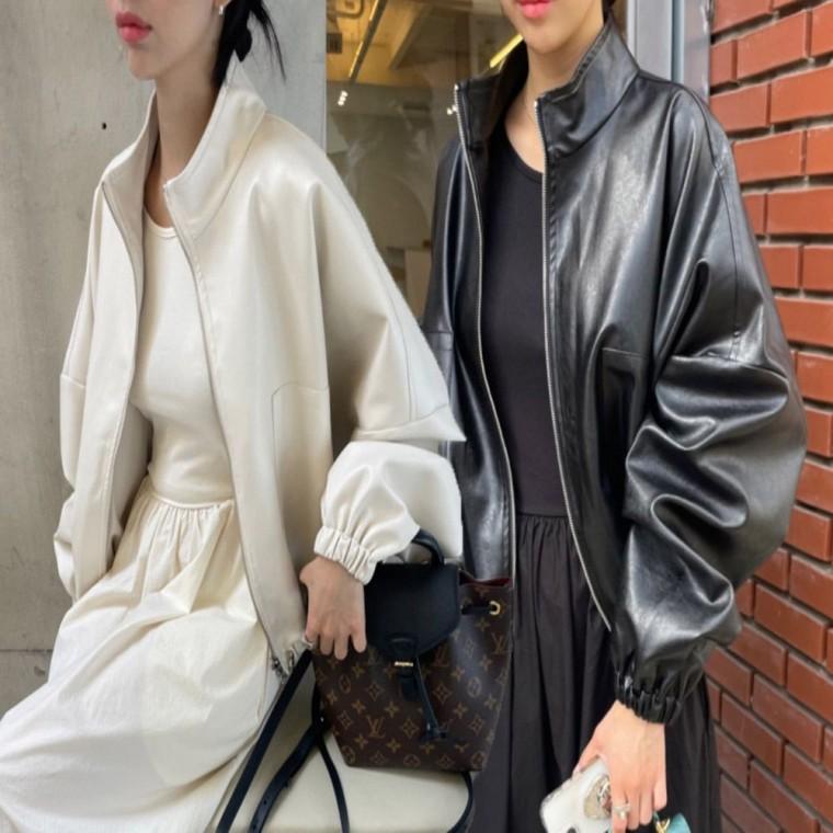 페이크 오버핏 레자 소매 라이더재킷 벌룬 가죽 여성
