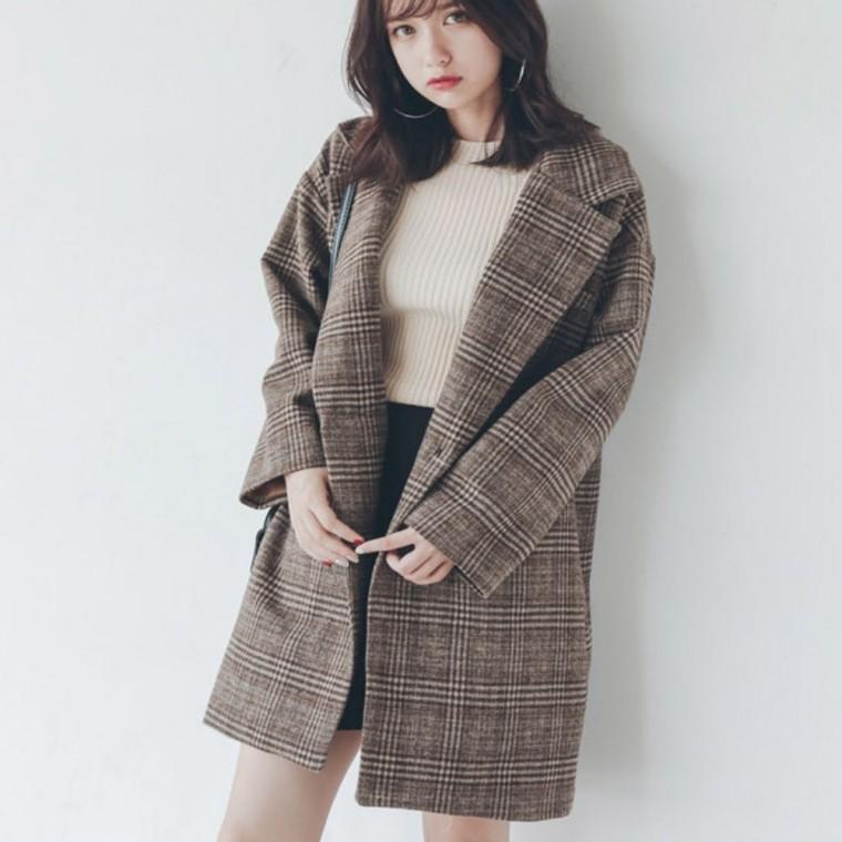 아우터 모직 하프기장 루즈핏 간절기 자켓 여성 체크