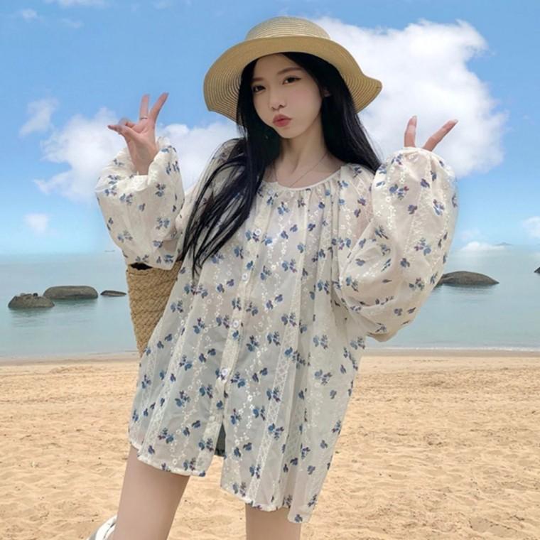 가디건 블라우스 여성 로맨틱 시스루 레이스