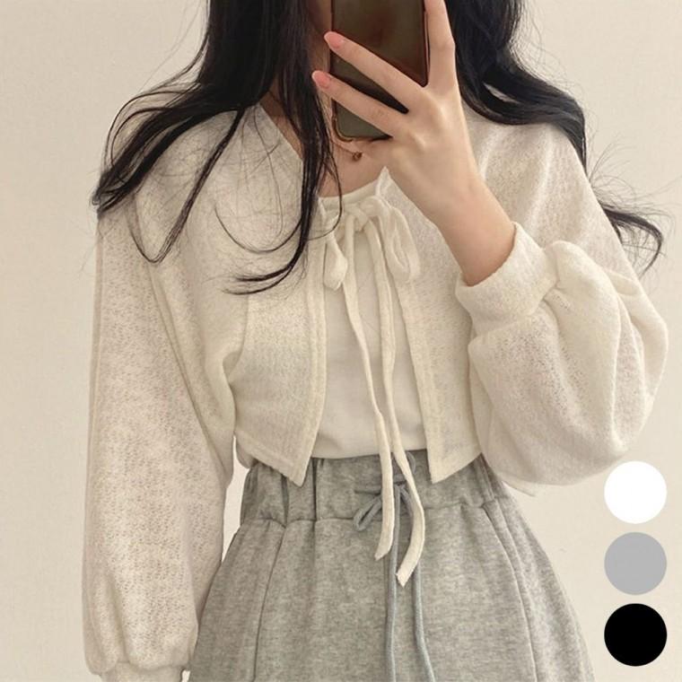 스트링 퍼프 가디건 간절기 여성 시스루 크롭 볼레로